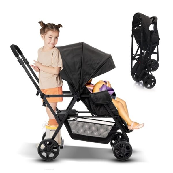 Double Stroller,Sit-Stand Lightweight Travel Folding Stroller for Toddler with Standing Platform,5-Point Harness,Canopy,Kids Tray,Storage