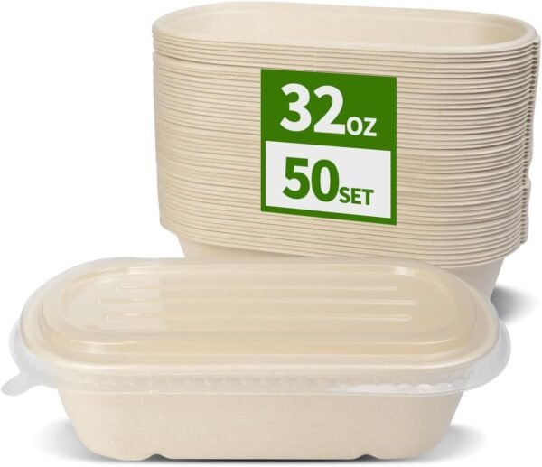 50 Pack 32 oz Paper Meal Prep Containers with Lids for Salad, Pasta, Nacho, Burrito, Deep Large Disposable Meal Take Out Food Containers (50 Bowls 50 Lids)
