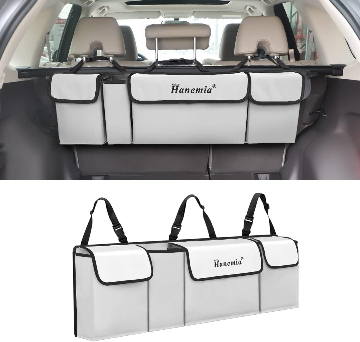 Car Trunk Organizer and Storage, Backseat Hanging Organizer for SUV, Truck, MPV, Waterproof, Collapsible Cargo Storage Bag with 4 Pockets, Car Accessories for Men and Women (Beige)