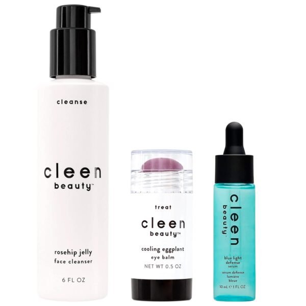CLEEN BEAUTY Everyday Skincare 3-Piece Set | Rosehip Jelly Face Cleanser, Cooling Eggplant Eye Balm, & Blue Light Defense Serum Set | Paraben Free | Skincare Products for Face