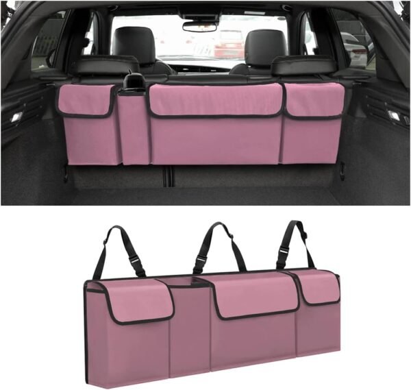 AUCELI Car Trunk Organizer, Backseat Hanging Large Storage with Adjustable Straps, Waterproof Collapsible Cargo Bag with 4 Pockets, Sturdy Space Saver Frees Trunk Floor for SUV, Truck, MPV