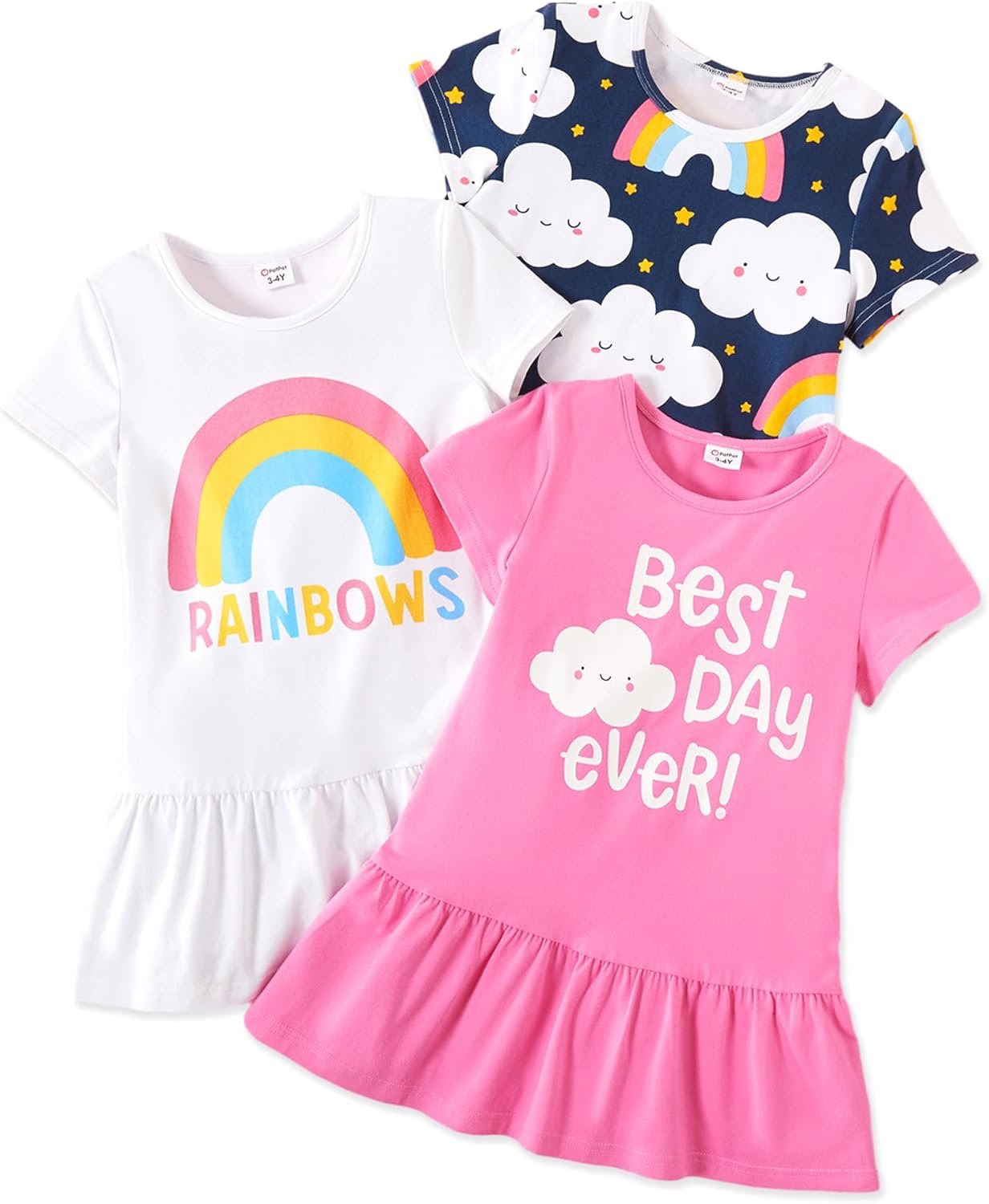 PATPAT Toddler Girl Floral Skater Multipack Dresses 3-Pack Polka Dots Short Sleeve Priness A-line Dress