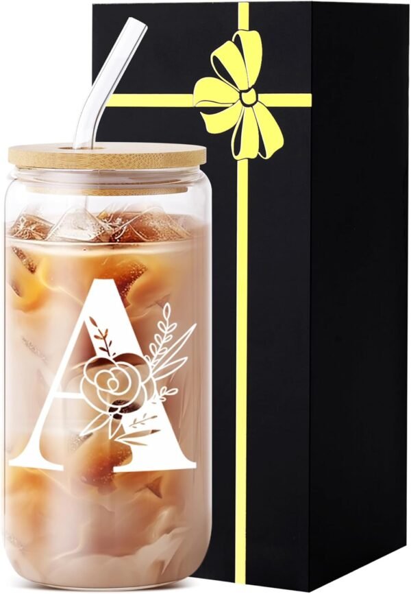 Monogrammed Glass Tumbler Cup With Lid, Straw - Trendy Coffee Lover Gift Idea For Women & Teen Girls - Personalized Bridesmaid Wedding Present