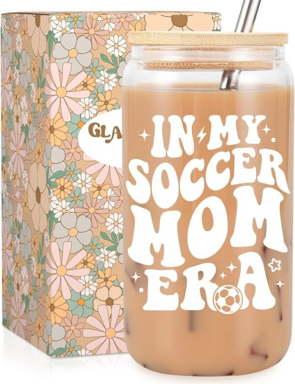 Fairy's Gift Soccer Mom Era Iced Coffee Cup, 16 oz Coffee Glass Cups with Lids Straws, Soccer Mom Essentials, Mothers Day, Birthday Gifts for Soccerball Mama, Football Mommy, Sports Mama