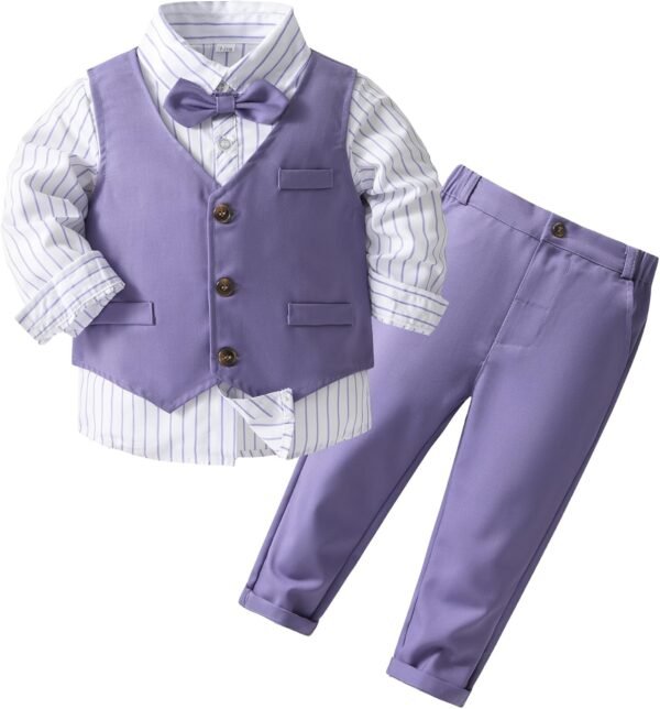 Kimocat Baby Boys Gentleman Bowtie Blue Suits Set Long Sleeve +Vest+Pants