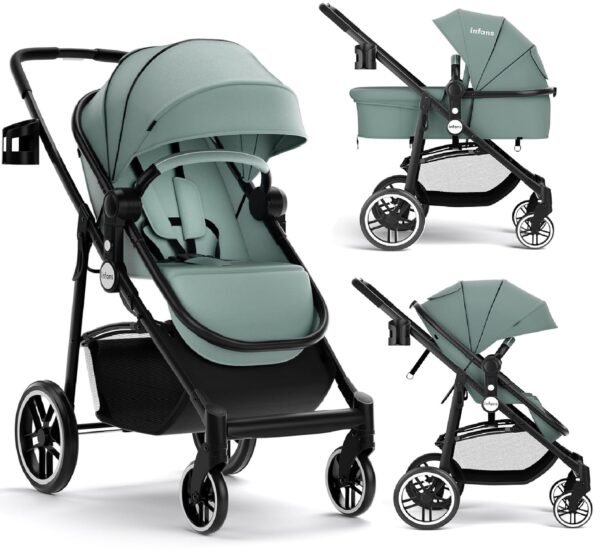 INFANS 2 in 1 Baby Stroller, High Landscape Infant Stroller & Reversible Bassinet Pram, Foldable Pushchair with Adjustable Canopy, Cup Holder, Storage Basket, Suspension Wheels (Green)
