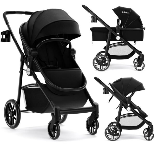 INFANS 2 in 1 Baby Stroller, High Landscape Infant Stroller & Reversible Bassinet Pram, Foldable Pushchair with Adjustable Canopy, Storage Basket, Cup Holder, Suspension Wheels (Black)