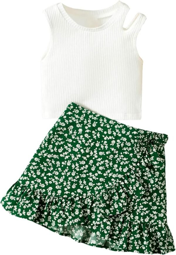 SHENHE Girl's 2 Piece Outfits Cut Out Ribbed Knit Tank Top And Floral Ruffle Hem Skirt Set