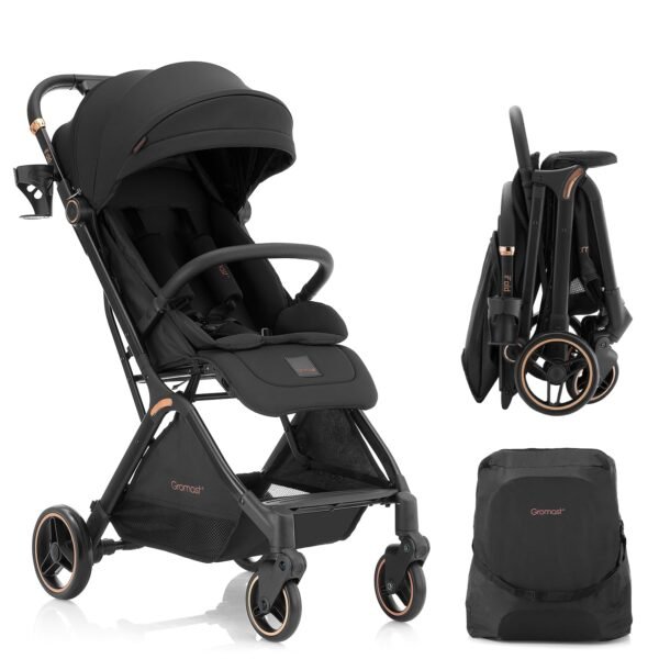 Gravity Folding Baby Stroller - Portable Travel Toddler Stroller w/Adjustable Backrest & Canopy, Lightweight and UV Protected, One-Hand Automatic Folding - Black