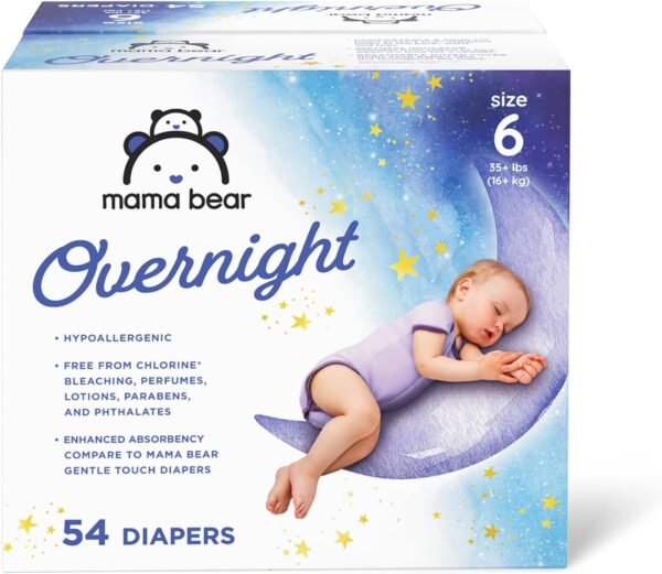 Amazon Brand - Mama Bear Overnight Disposable Baby Diapers, Hypoallergenic, Size 6 (54 count), Night Time Protection, White