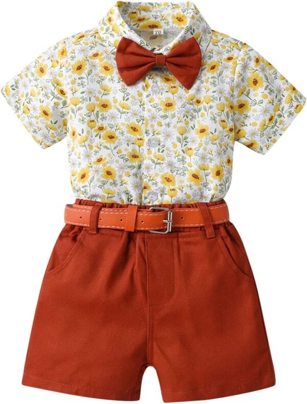 New Baby Outfit Boy Toddler Boys Short Sleeve Shirt Tops Shorts with Tie Belt Child Kids (Orange, 12-18 Months)