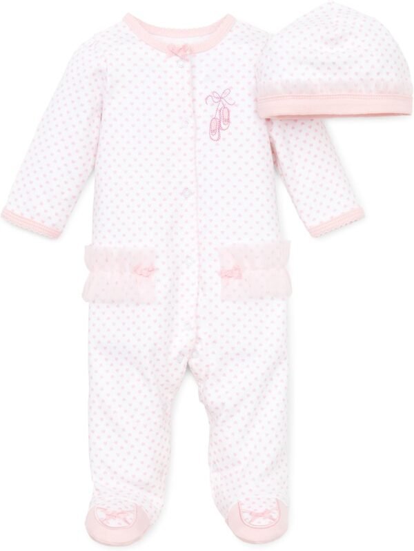 Little Me Clothes for Baby Girls 100% Cotton Scratch-Free Tag Footed One-Piece Romper and Hat Sleeper Set Preemie to 9 Months