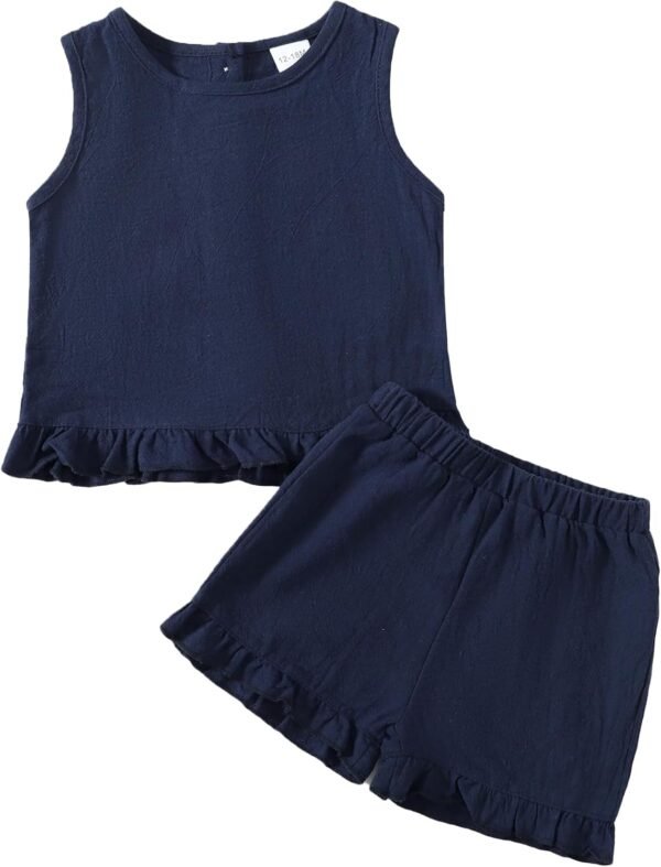 Toddler Girls Summer Outfits Ruffle Sleeveless Tank Top and Short 2 Piece Cotton Linen Back Buttons Clothes Set
