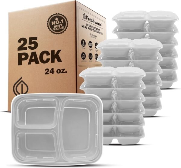 Freshware Meal Prep Containers [25 Pack] 3 Compartment with Lids, Food Storage Containers, Bento Box, BPA Free, Stackable, Microwave/Dishwasher/Freezer Safe (24 oz)