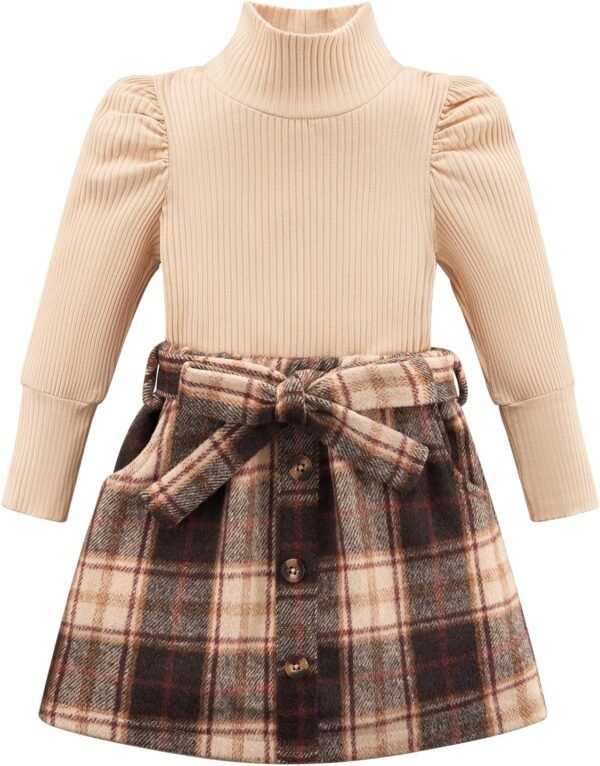 Toddler Girl Outfits Turtleneck Long Sleeve Ribbed Shirt Tops Plaid Mini Skirts 2Pcs Set Fall Winter Clothes 2-7T