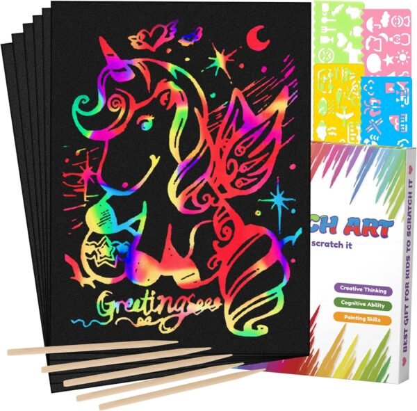 Mocoosy 60 Pcs Rainbow Scratch Art Paper for Kids, Magic Scratch Off Paper Set Art Craft Kit Black Scratch Sheets with Stencils Birthday Party Favor Game Activities Gifts for Girls Boys Ages 4-8 8-12