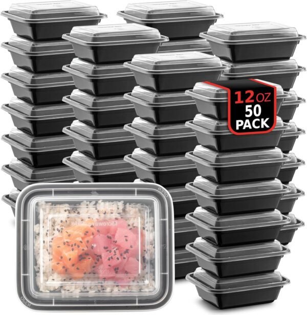 50-Pack Reusable Meal Prep Containers Microwave Safe Food Storage Containers with Lids, 12 OZ - 1 Compartment Take Out Disposable Plastic Bento Lunch Box To Go, BPA Free - Dishwasher & Freezer Safe