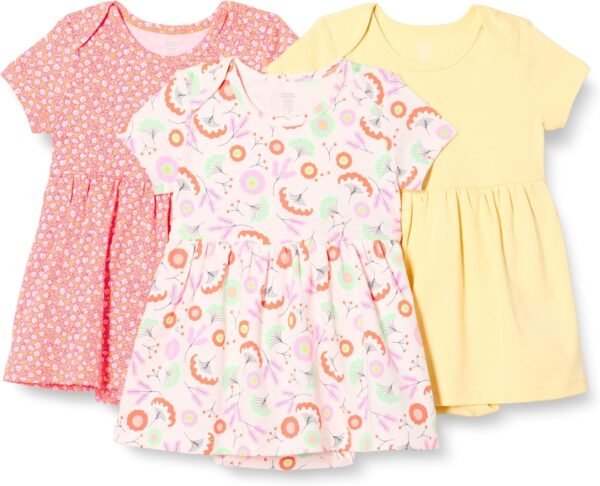 Amazon Essentials Baby Girls' Short Sleeve Bodysuit Dress, Pack of 3