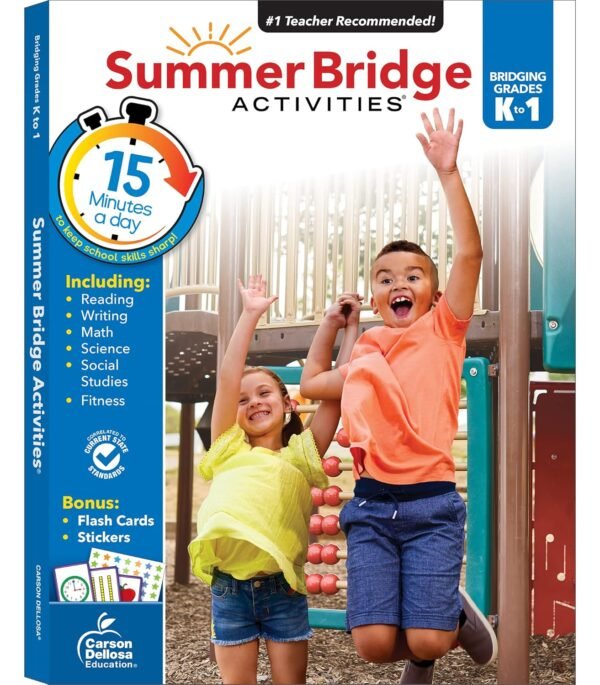 Summer Bridge Activities Kindergarten to 1st Grade Workbooks, K-1 Activity Book With Math, Reading Comprehension, Science, Fitness, Social Studies, Writing Practice, and Flash Cards