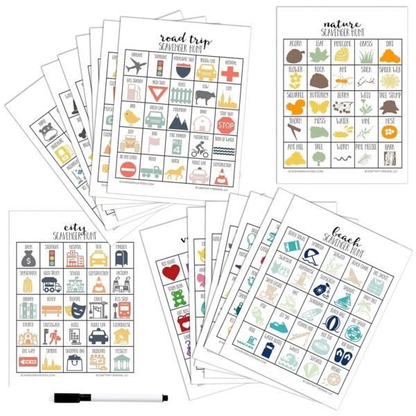 Variety Pack set of 20 Scavenger Hunt Games for Kids, Outdoor or Indoor, Road Trip, Travel Activities, Includes Dry Erase Markers and Cards, Family Game Night